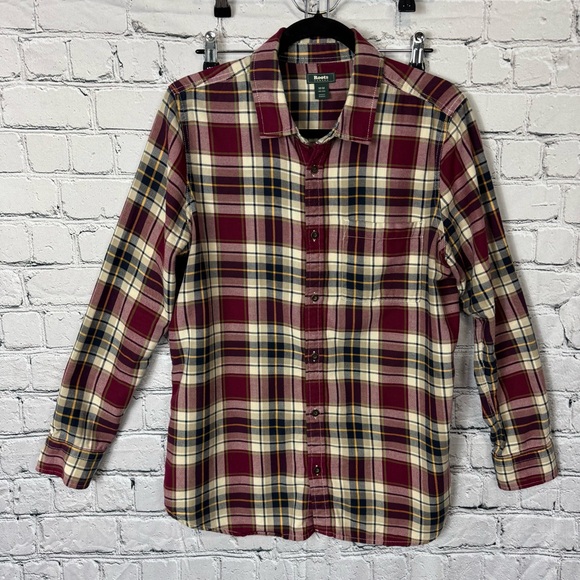 Roots Tops - Roots Red Cream Navy Plaid Women’s Flannel Shirt 100% Cotton Cabincore Sz Medium